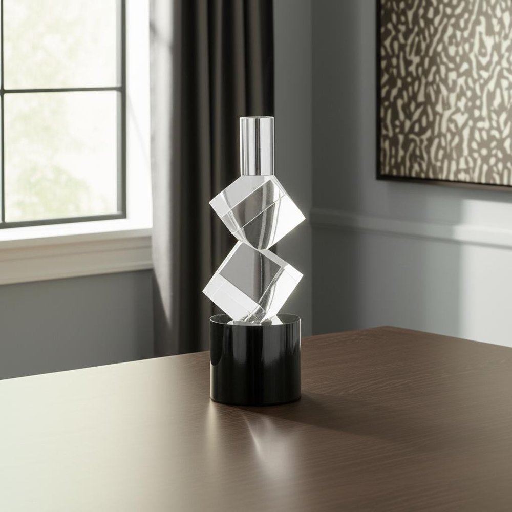 8" Silver Clear And Black Faceted Crystal Tabletop Taper Candlestick