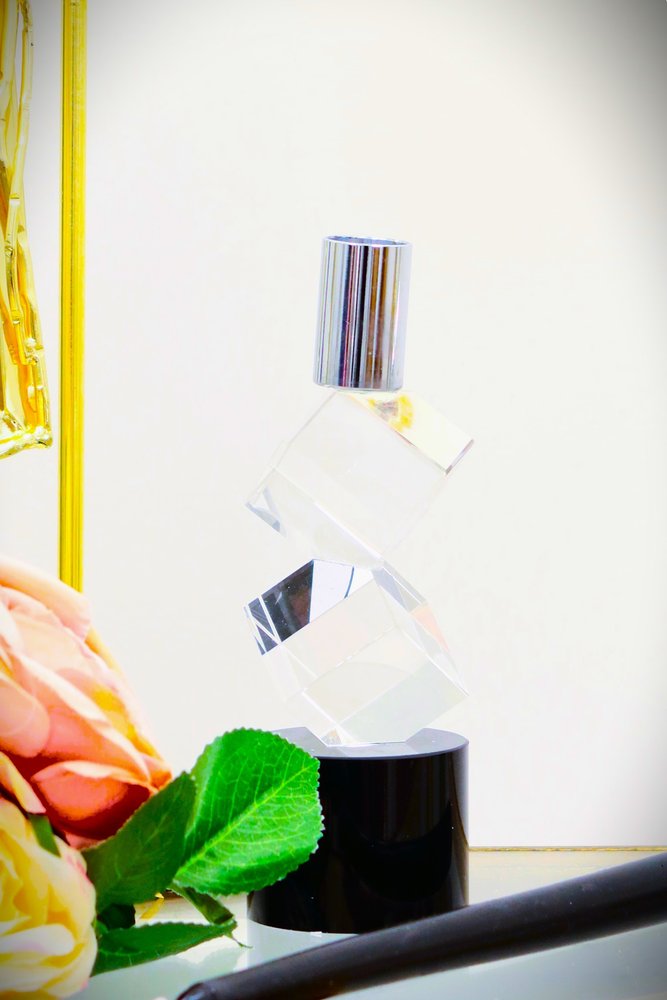 8" Silver Clear And Black Faceted Crystal Tabletop Taper Candlestick