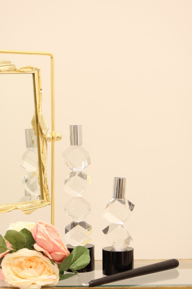 8" Silver Clear And Black Faceted Crystal Tabletop Taper Candlestick