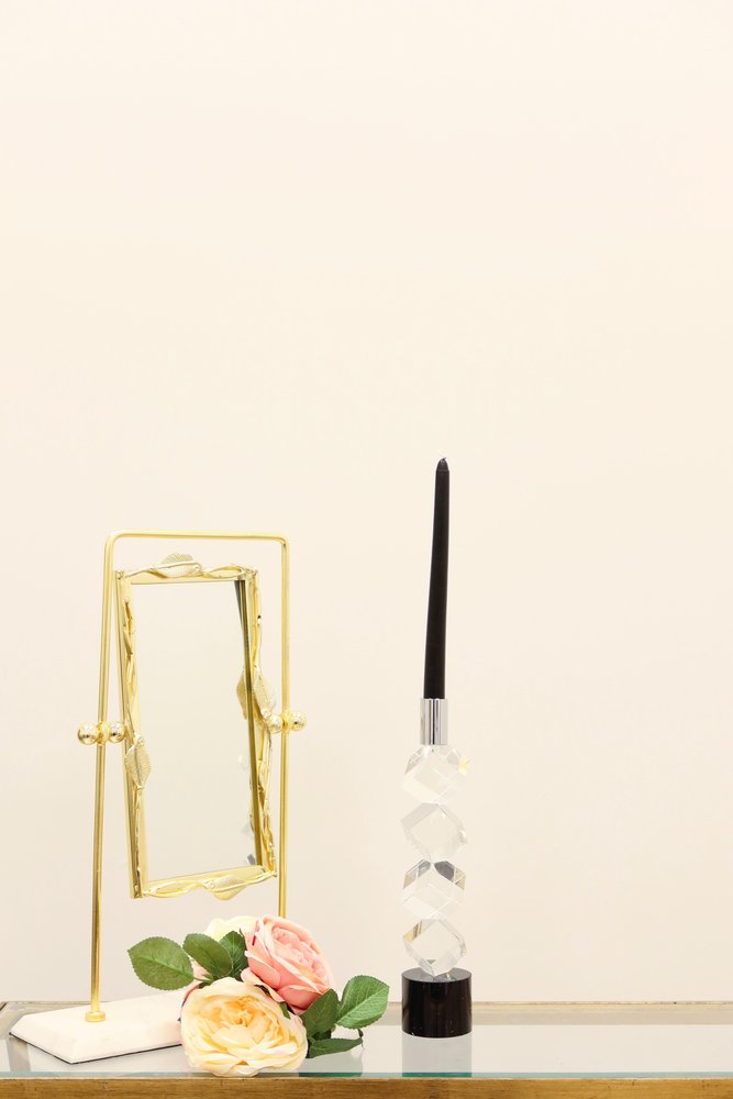 11" Silver Clear And Black Crystal Tabletop Taper Candlestick