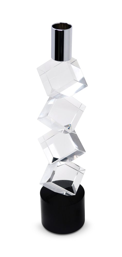 11" Silver Clear And Black Crystal Tabletop Taper Candlestick