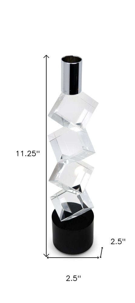 11" Silver Clear And Black Crystal Tabletop Taper Candlestick