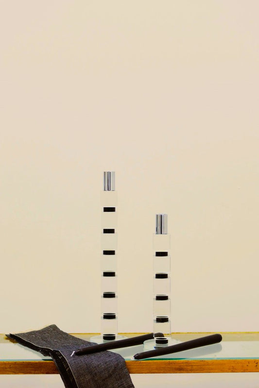 7" Silver Clear And Black Block And Cylinder Crystal Tabletop Taper Candlestick