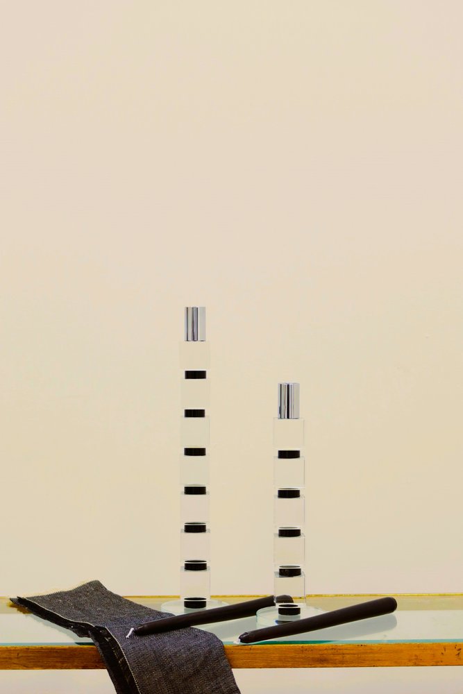 7" Silver Clear And Black Block And Cylinder Crystal Tabletop Taper Candlestick