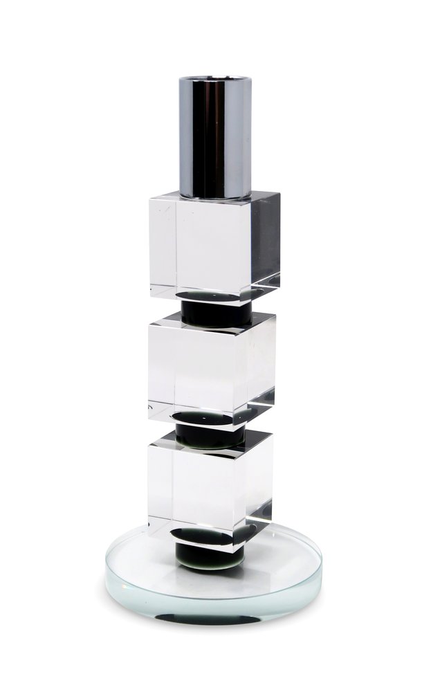 7" Silver Clear And Black Block And Cylinder Crystal Tabletop Taper Candlestick