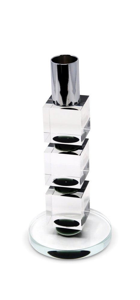 7" Silver Clear And Black Block And Cylinder Crystal Tabletop Taper Candlestick
