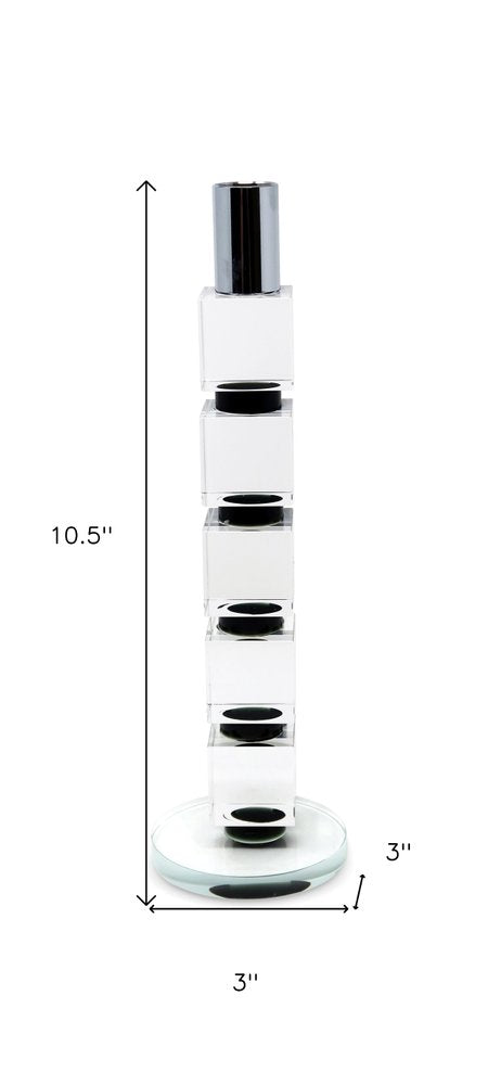 11" Silver Clear And Black Geo Crystal Tabletop Taper Candlestick