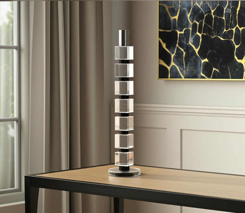 15" Silver Clear And Black Crystal Tabletop Taper Candlestick