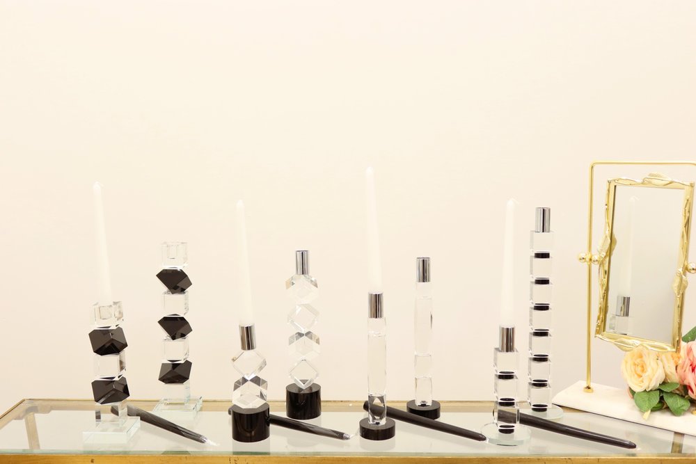 10" Silver Clear And Black Faceted Crystal Tabletop Taper Candlestick