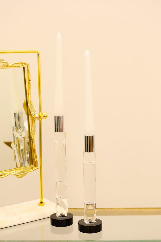 11" Silver Clear And Black Crystal Tabletop Taper Candlestick