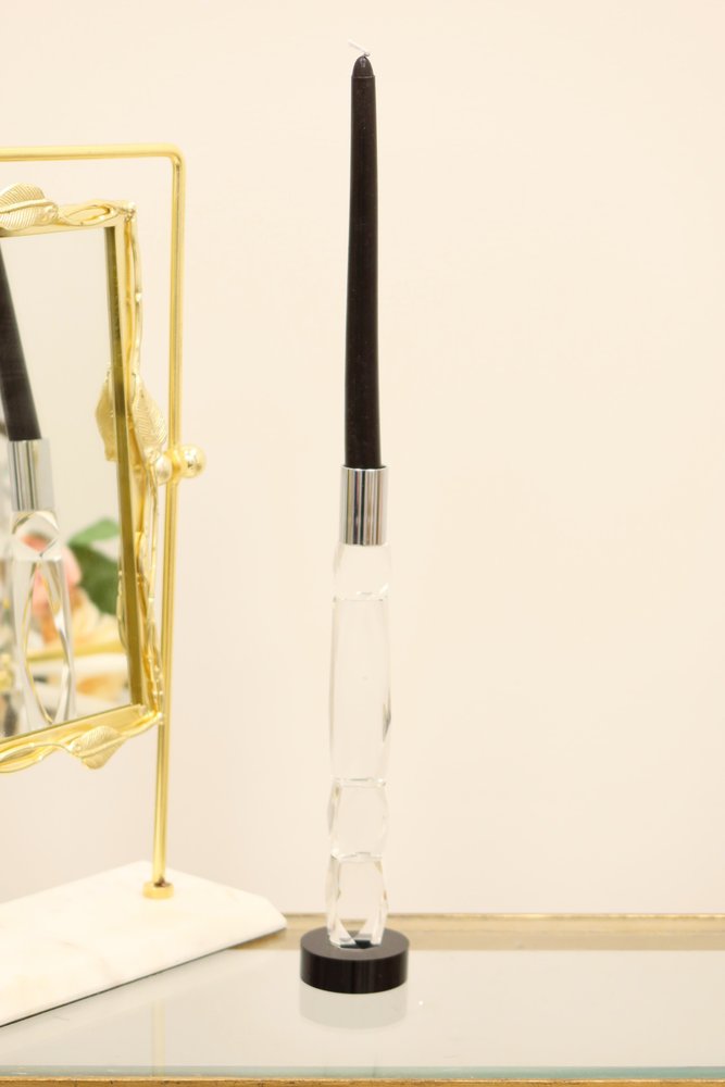 11" Silver Clear And Black Crystal Tabletop Taper Candlestick