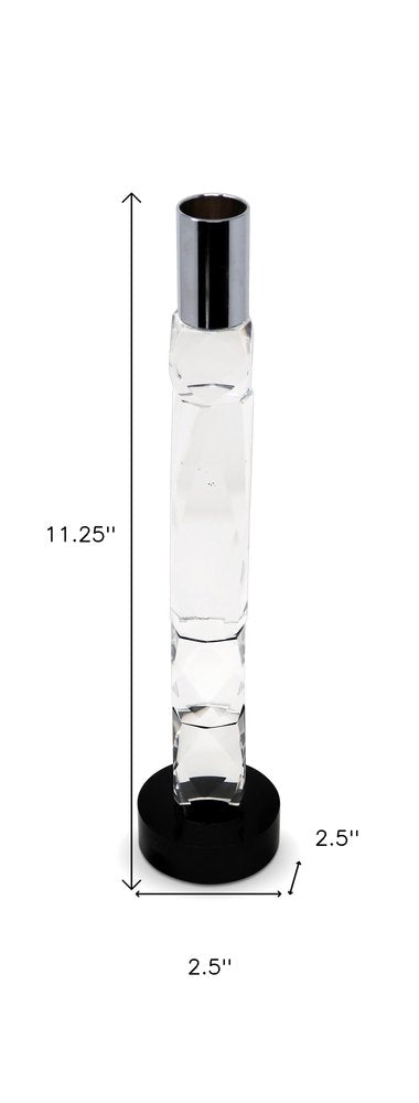11" Silver Clear And Black Crystal Tabletop Taper Candlestick