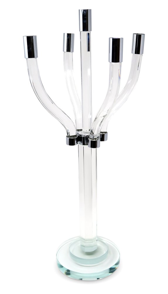 20" Clear And Silver Crystal Tabletop Contempo Candelabra Candle Holder