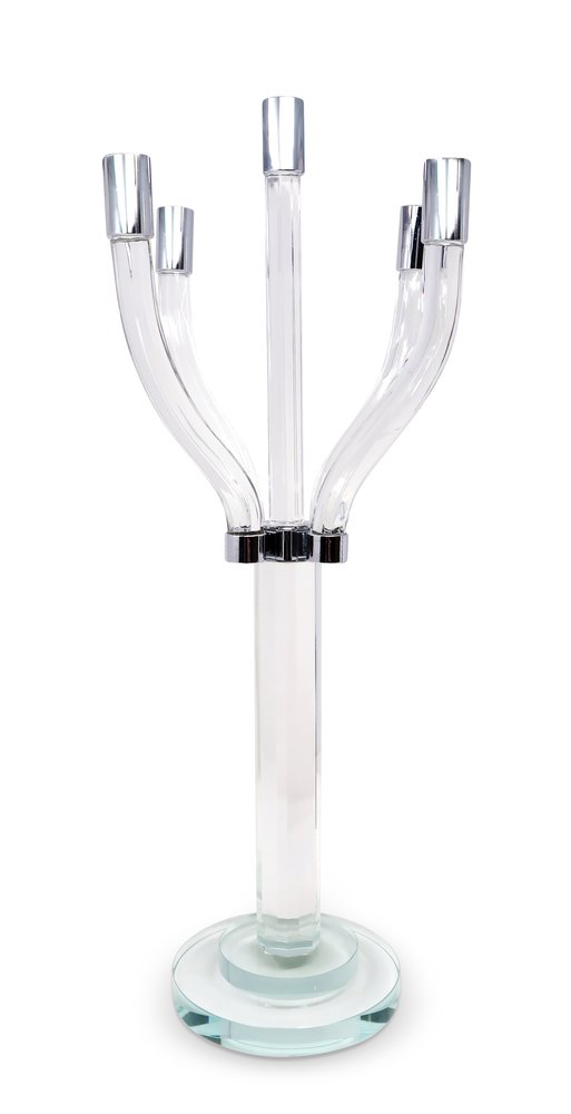 20" Clear And Silver Crystal Tabletop Contempo Candelabra Candle Holder