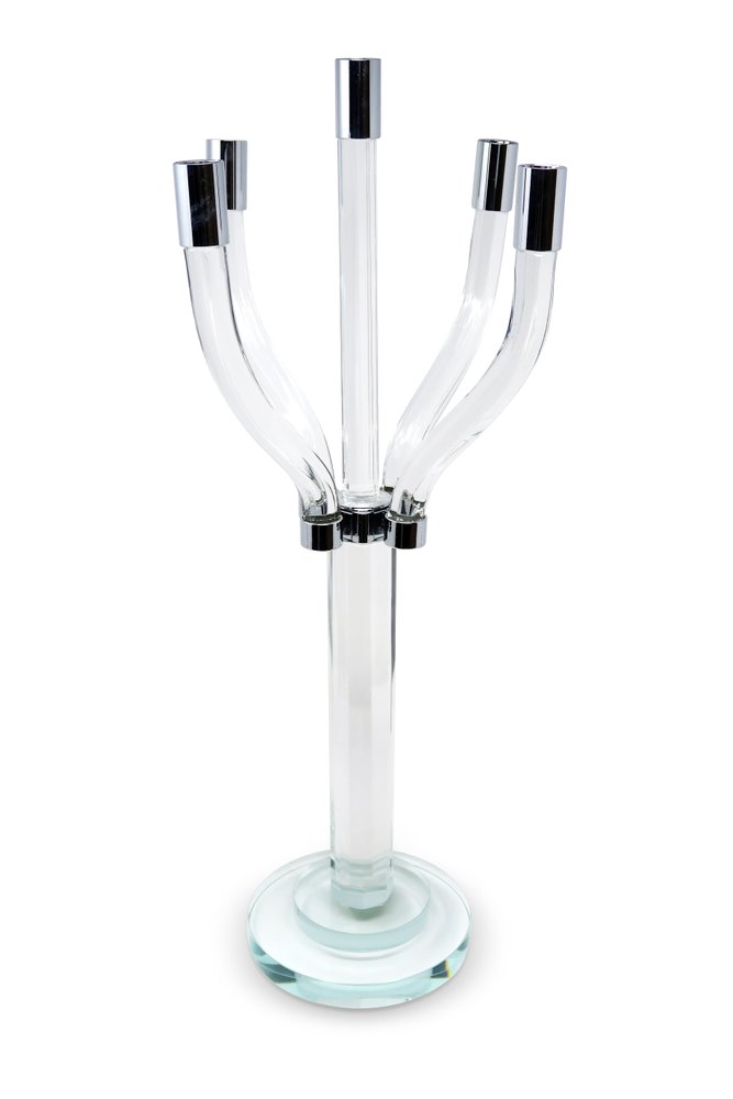 20" Clear And Silver Crystal Tabletop Contempo Candelabra Candle Holder