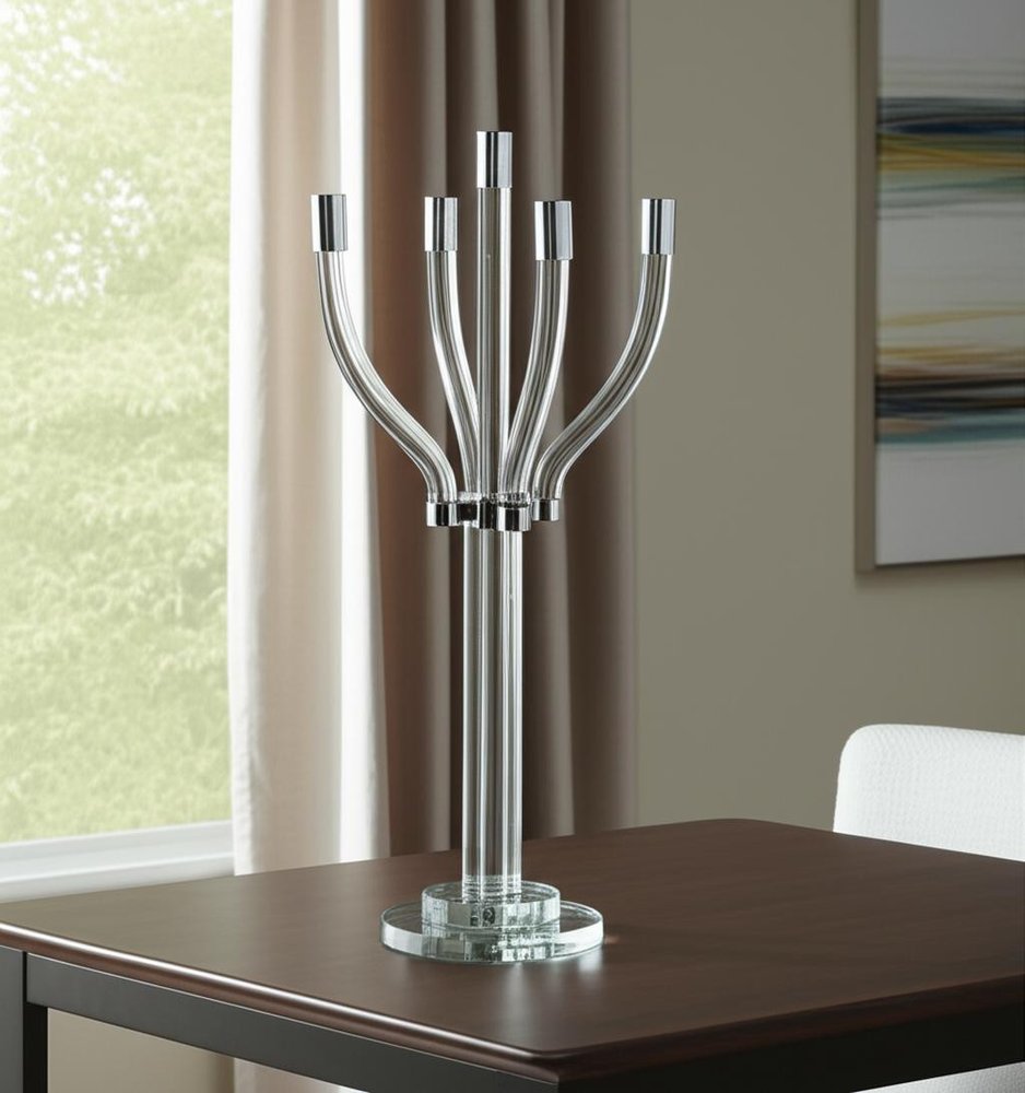 20" Clear And Silver Crystal Tabletop Contempo Candelabra Candle Holder