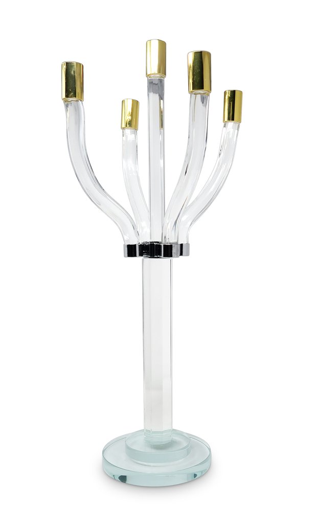 20" Clear Gold And Silver Crystal Tabletop Candelabra Candle Holder
