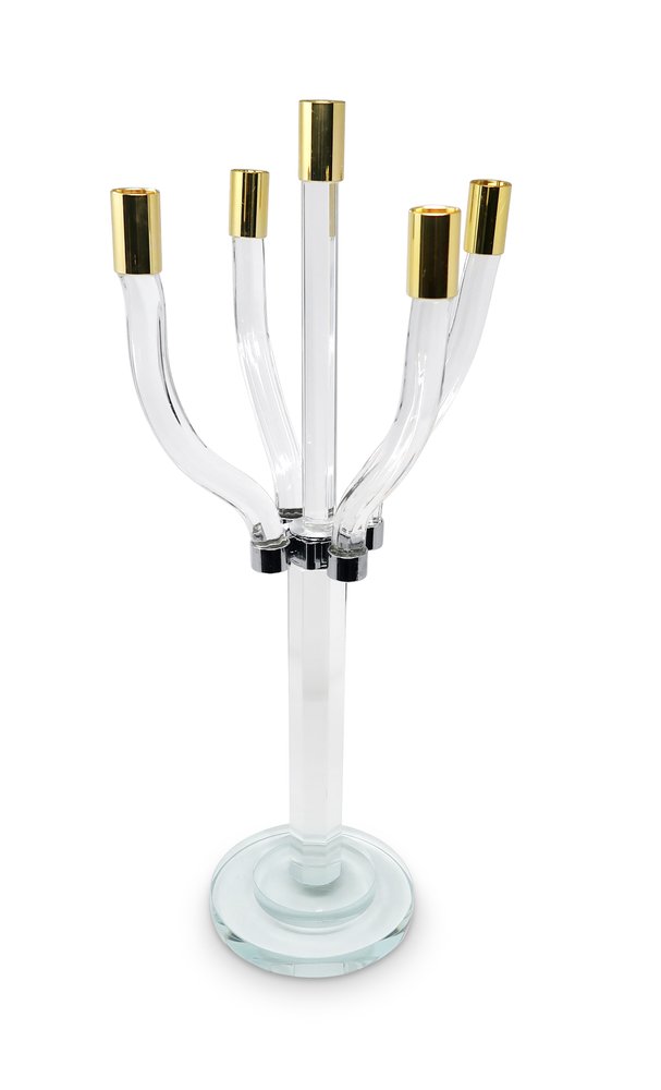 20" Clear Gold And Silver Crystal Tabletop Candelabra Candle Holder