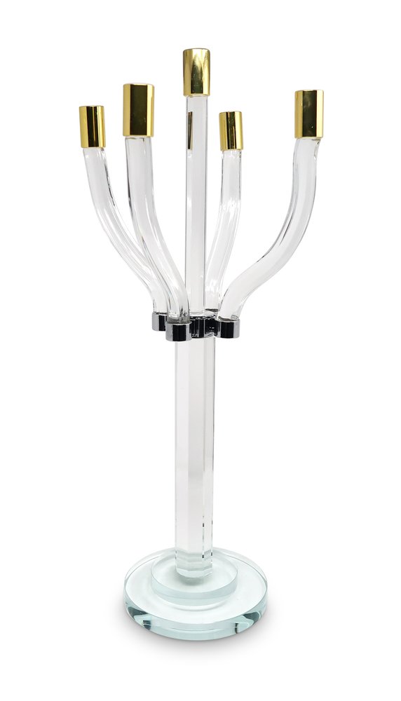 20" Clear Gold And Silver Crystal Tabletop Candelabra Candle Holder