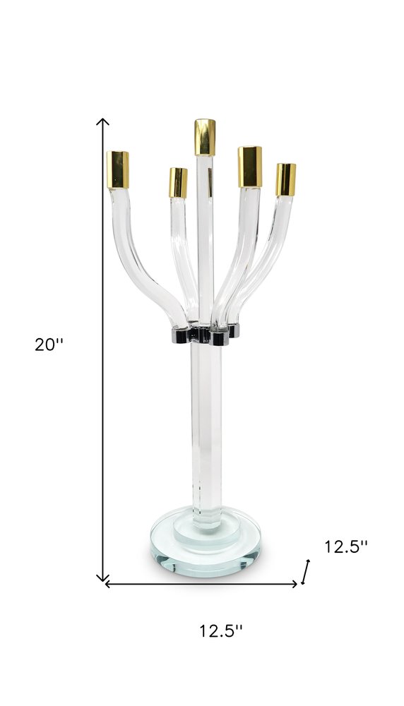 20" Clear Gold And Silver Crystal Tabletop Candelabra Candle Holder
