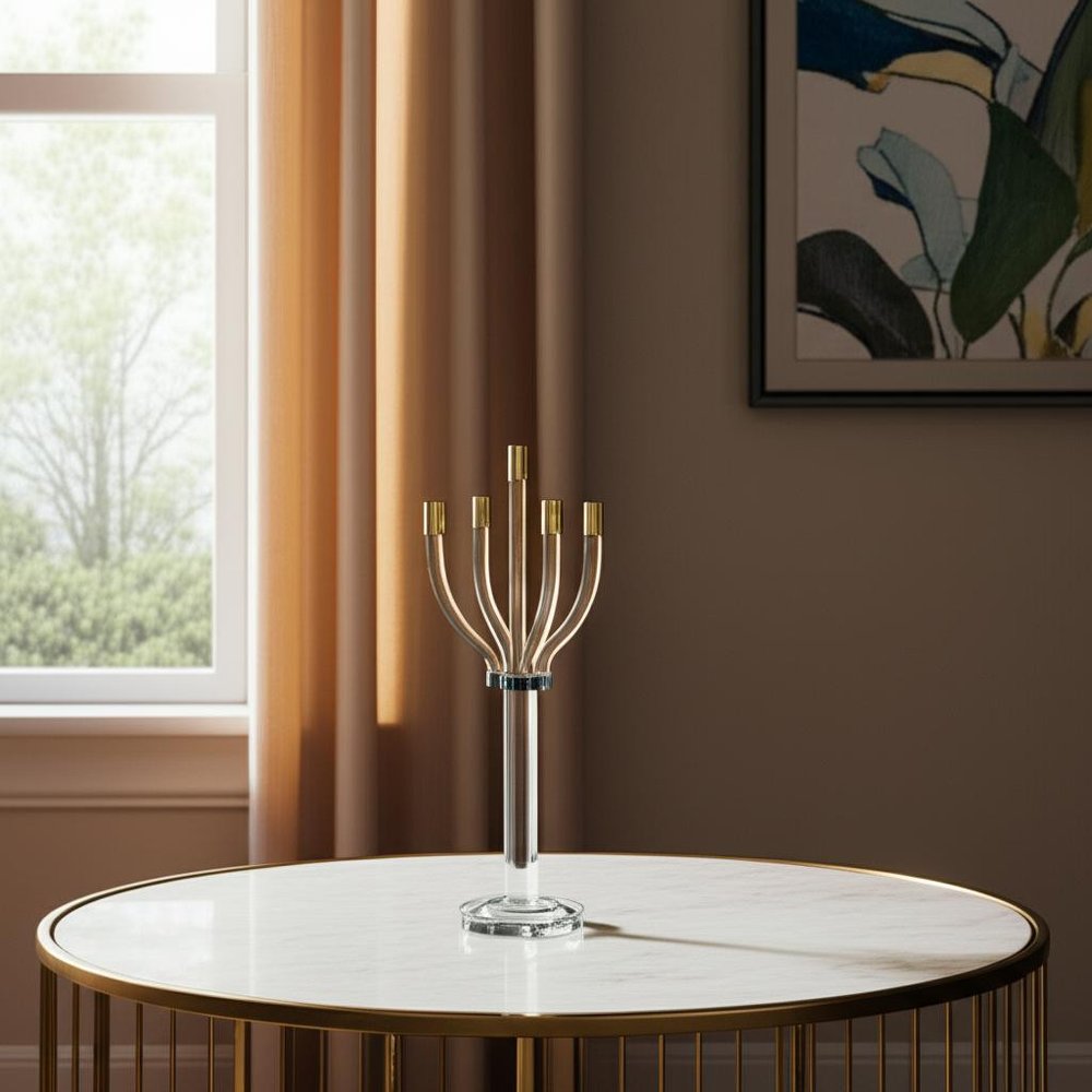 20" Clear Gold And Silver Crystal Tabletop Candelabra Candle Holder