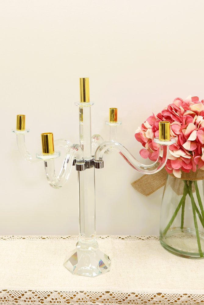 20" Clear Silver And Gold Crystal Tabletop Candelabra Candle Holder