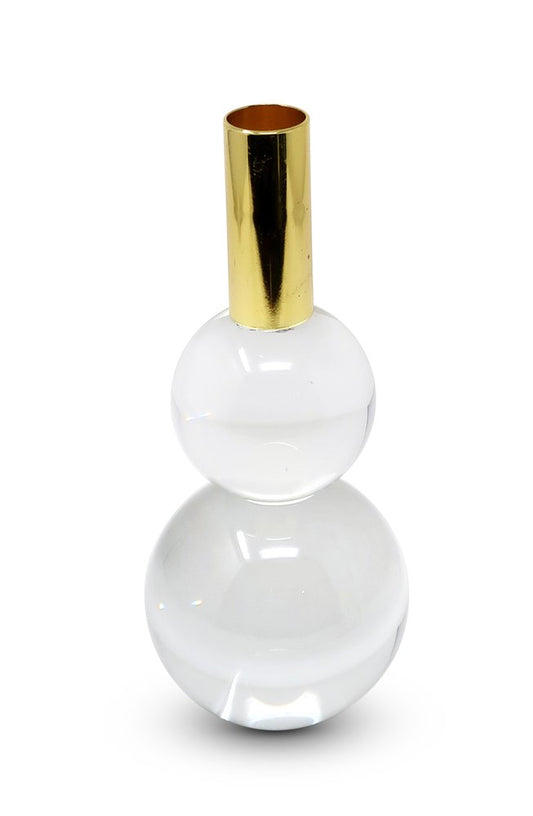Set of Two Clear And Gold Geo Orbs Crystal Tabletop Taper Candlesticks