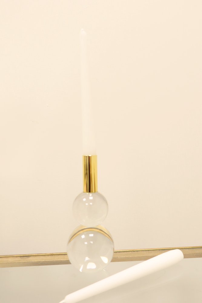Set of Two Clear And Gold Geo Orbs Crystal Tabletop Taper Candlesticks