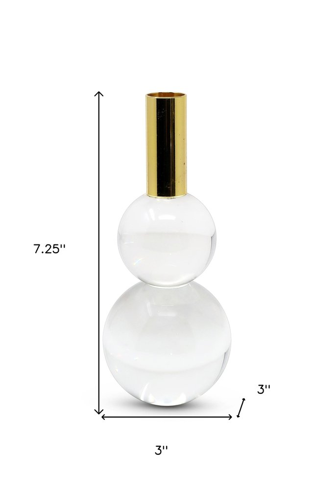 Set of Two Clear And Gold Geo Orbs Crystal Tabletop Taper Candlesticks