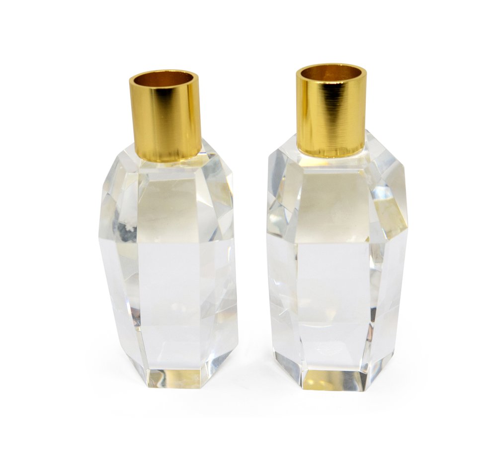 Set of Two Gold Abstract Crystal Tabletop Wedding Taper Candlesticks