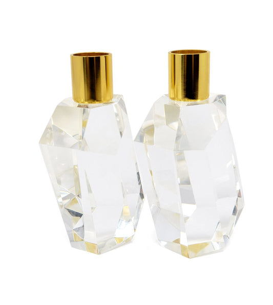 Set of Two Gold Abstract Crystal Tabletop Wedding Taper Candlesticks