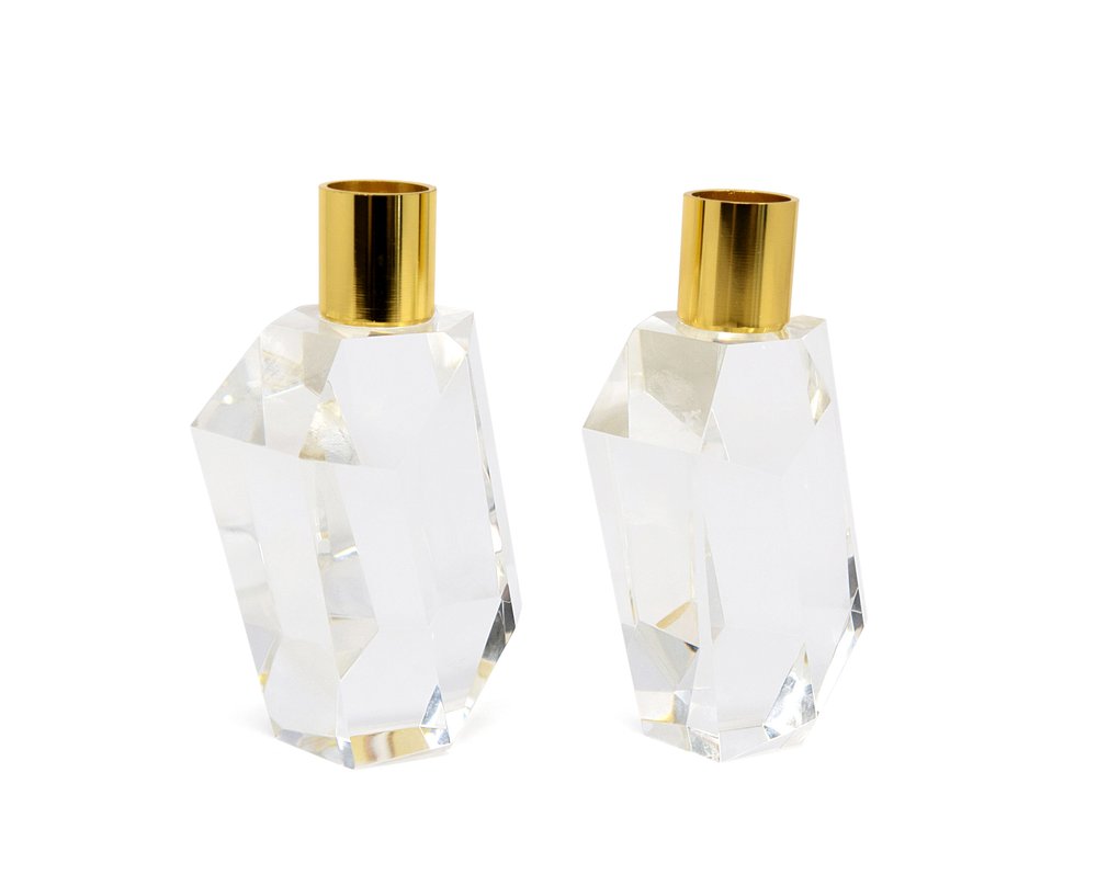 Set of Two Gold Abstract Crystal Tabletop Wedding Taper Candlesticks