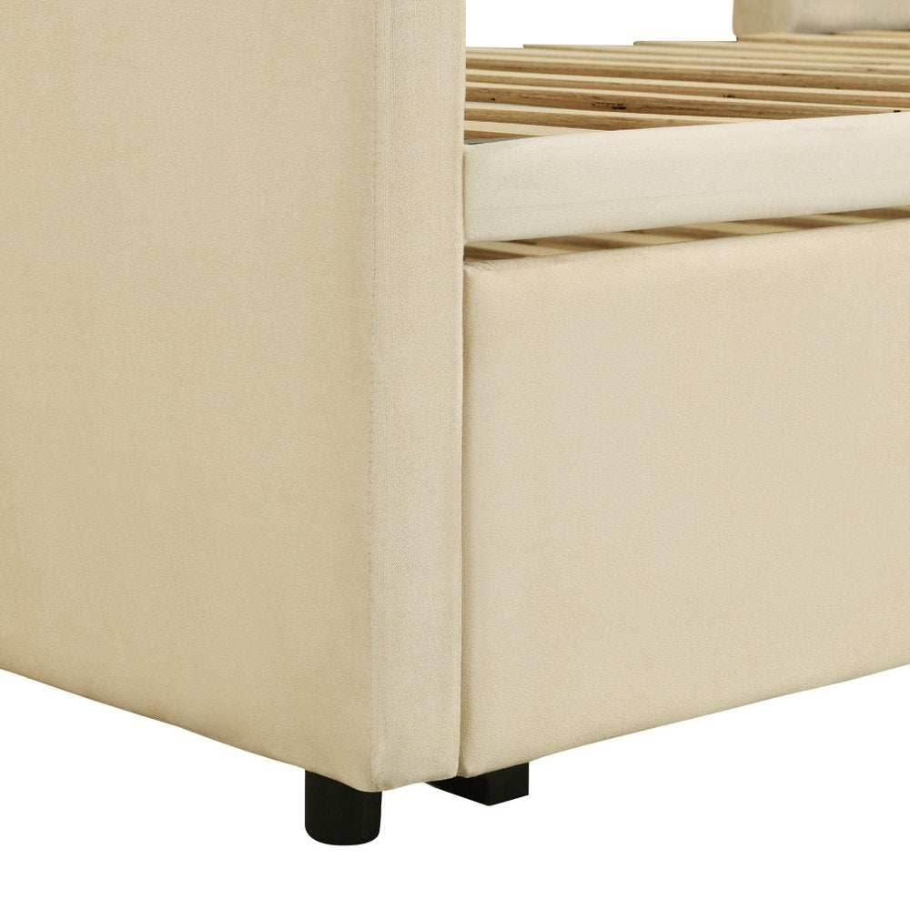 Beige Upholstered Twin Day Bed With Trundle