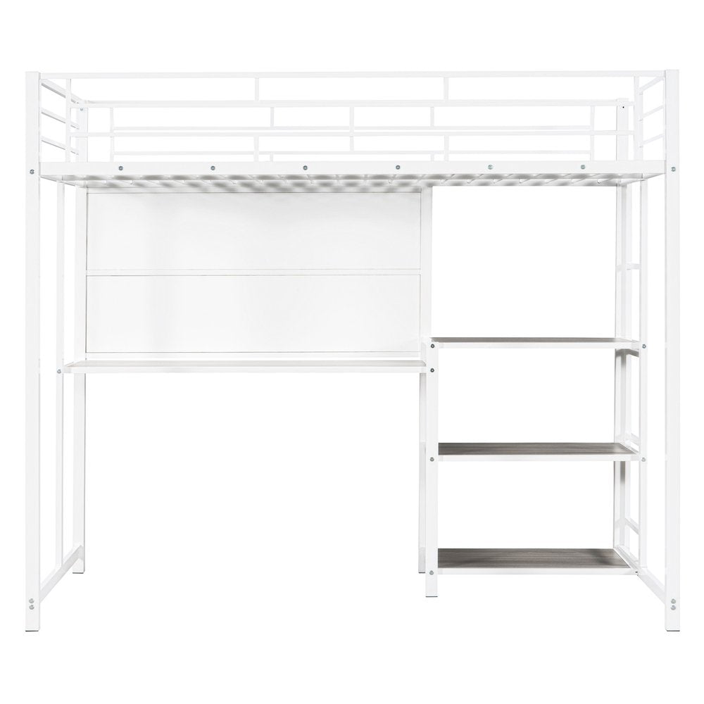 White Slat Steel Twin Loft Bed With Desk And Shelves