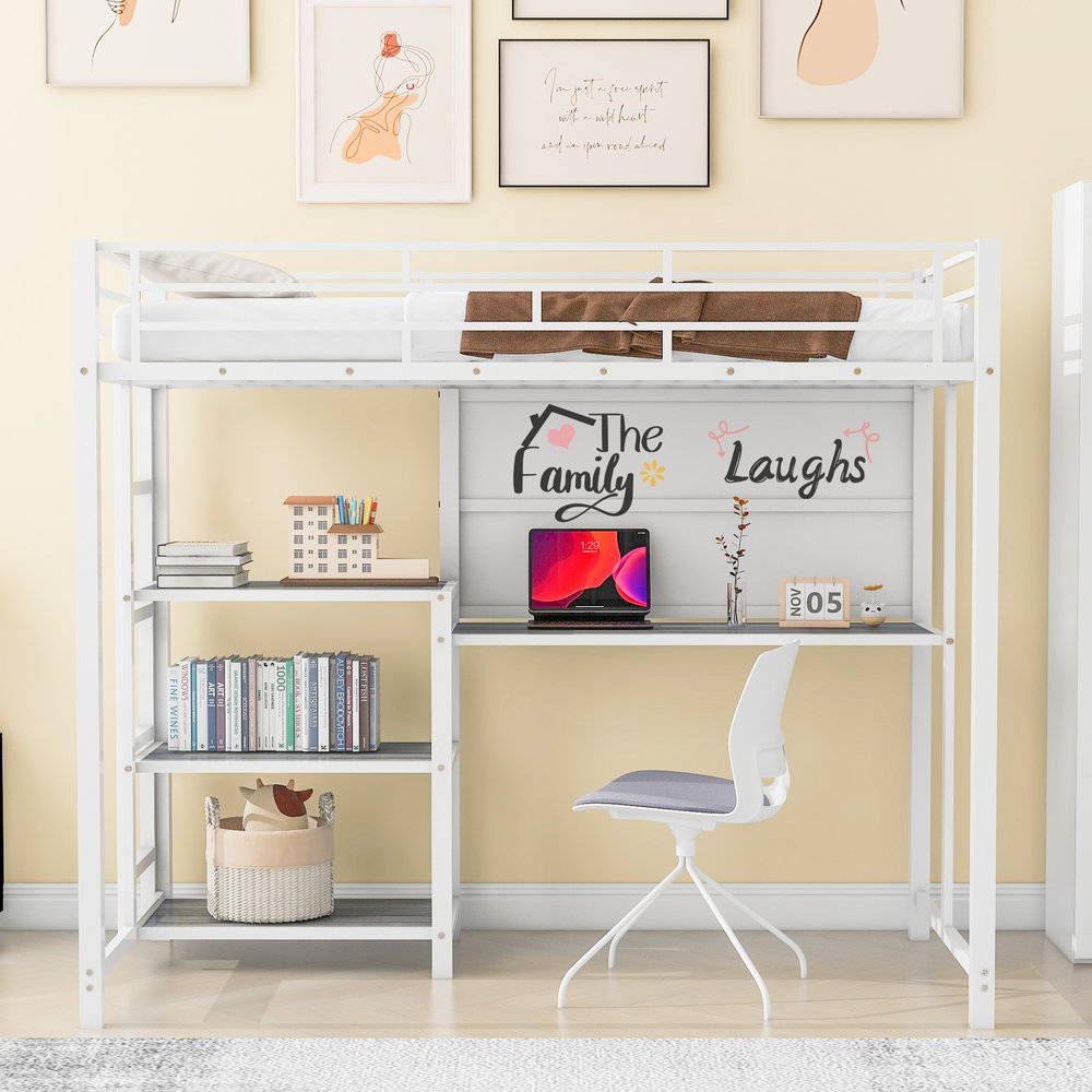 White Slat Steel Twin Loft Bed With Desk And Shelves