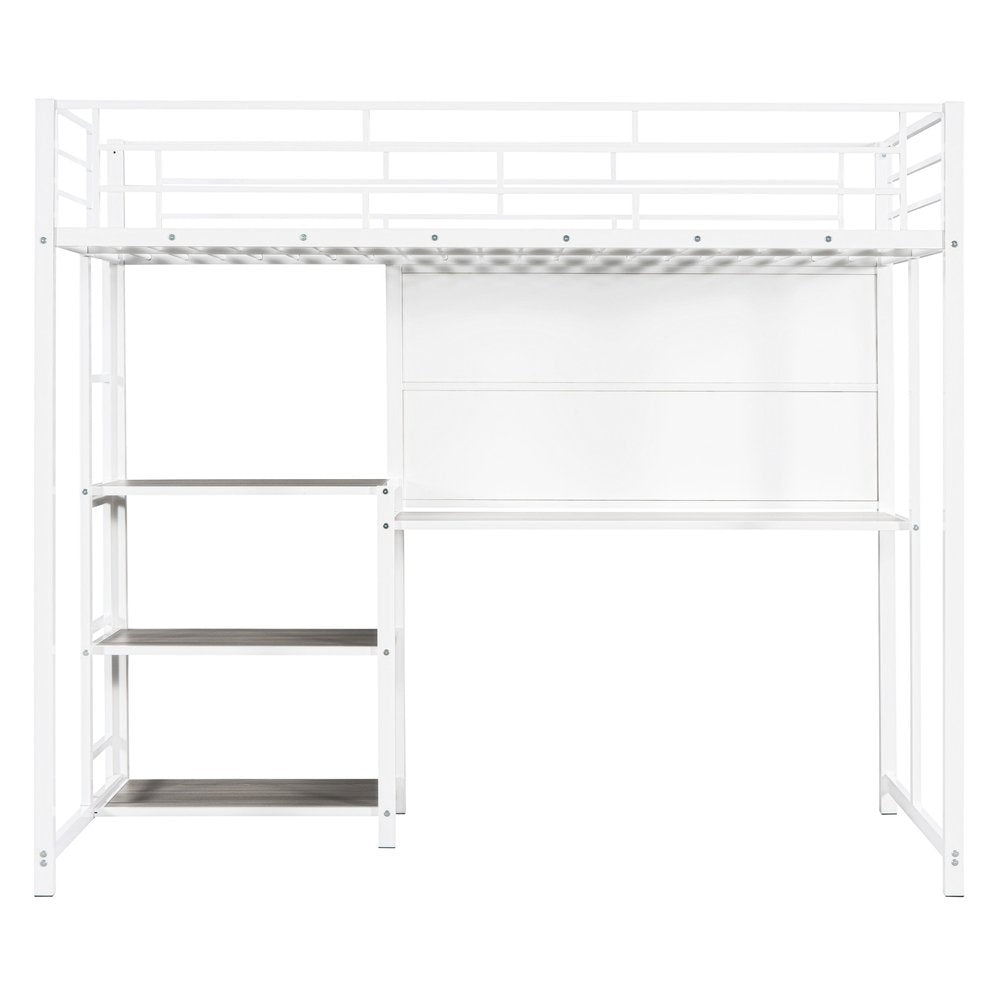 White Slat Steel Twin Loft Bed With Desk And Shelves