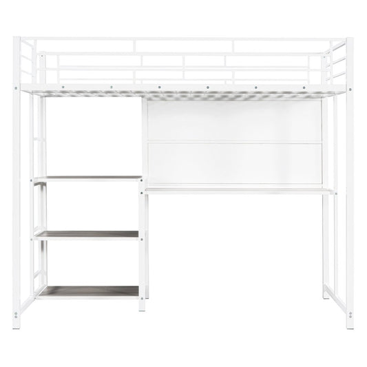 White Slat Steel Twin Loft Bed With Desk And Shelves