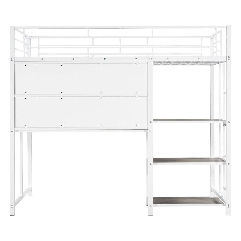 White Slat Steel Twin Loft Bed With Desk And Shelves