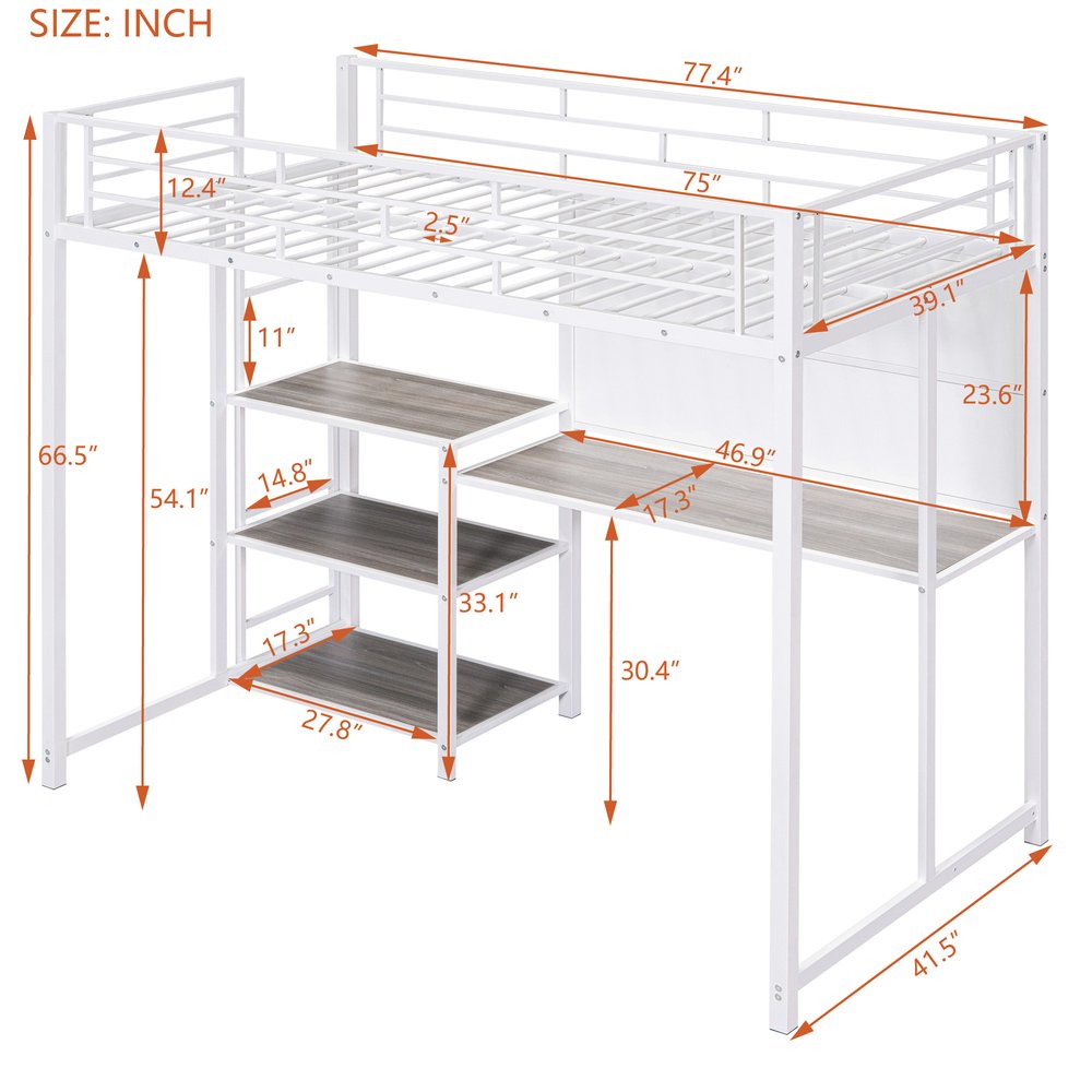 White Slat Steel Twin Loft Bed With Desk And Shelves