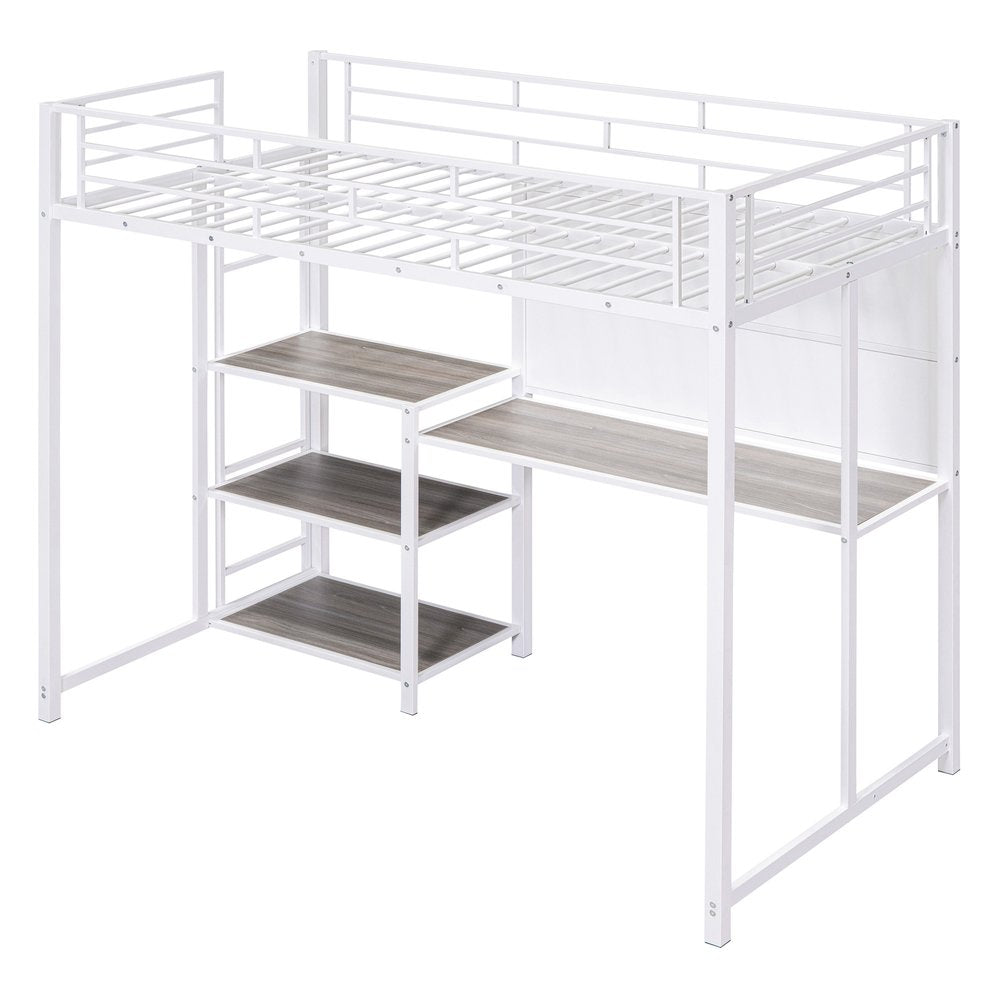 White Slat Steel Twin Loft Bed With Desk And Shelves
