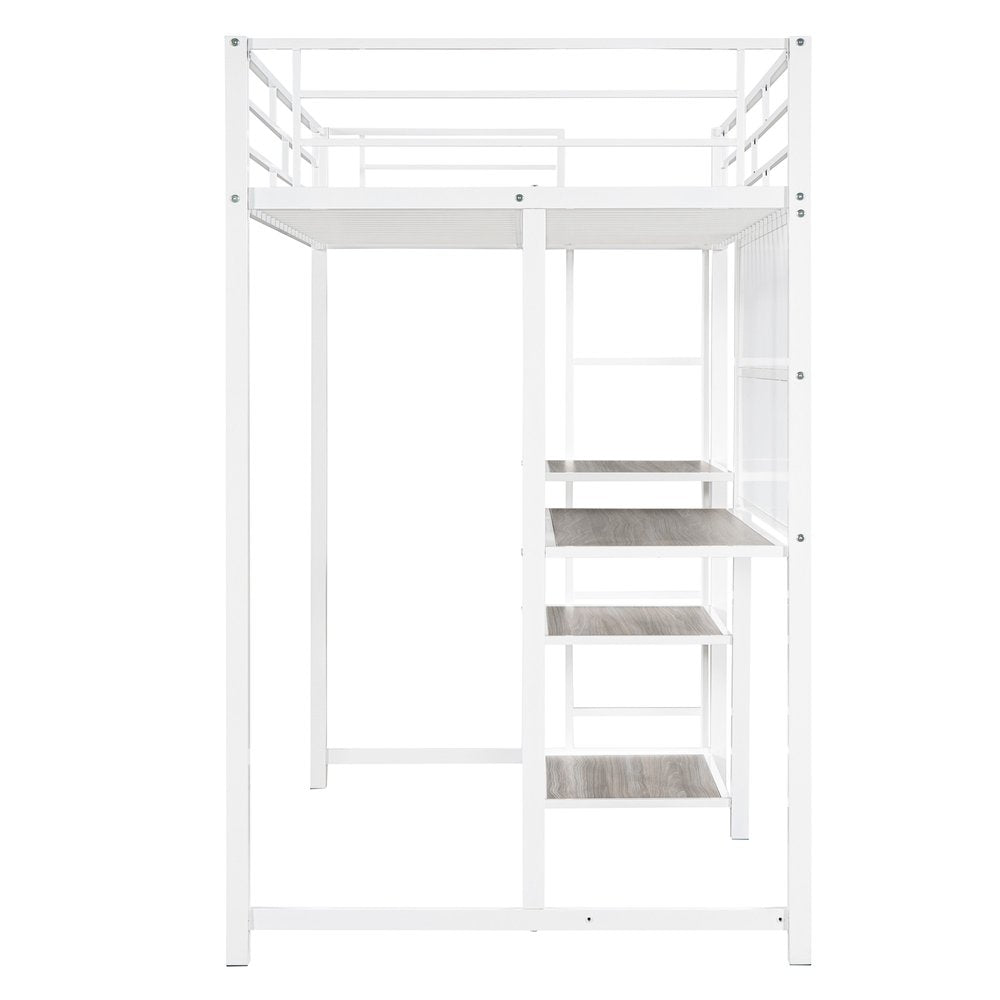 White Slat Steel Twin Loft Bed With Desk And Shelves