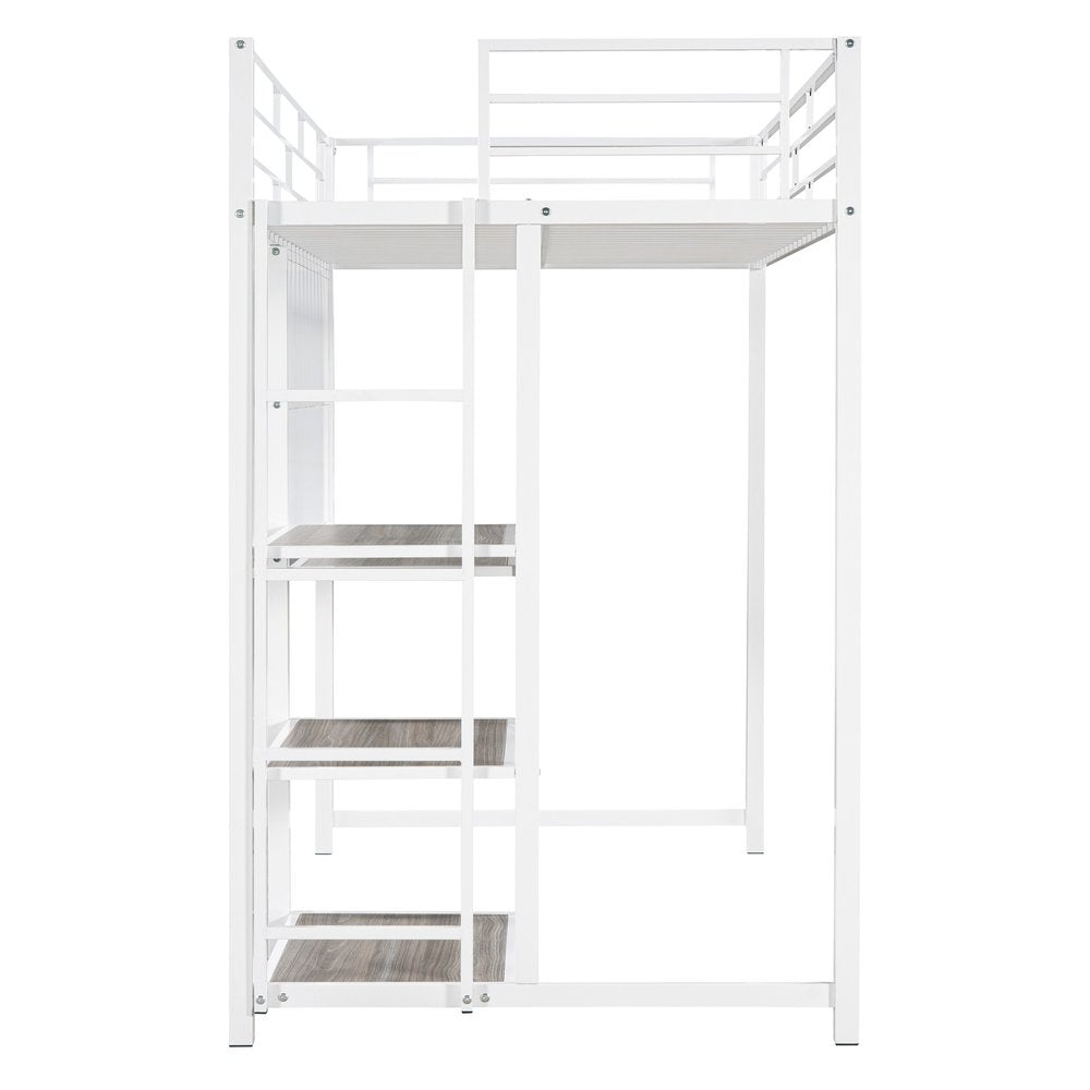White Slat Steel Twin Loft Bed With Desk And Shelves