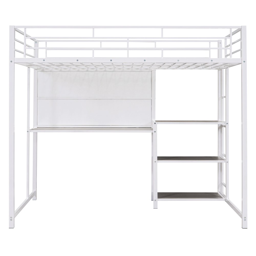 White Slat Steel Full Double Loft Bed With Desk And Shelves