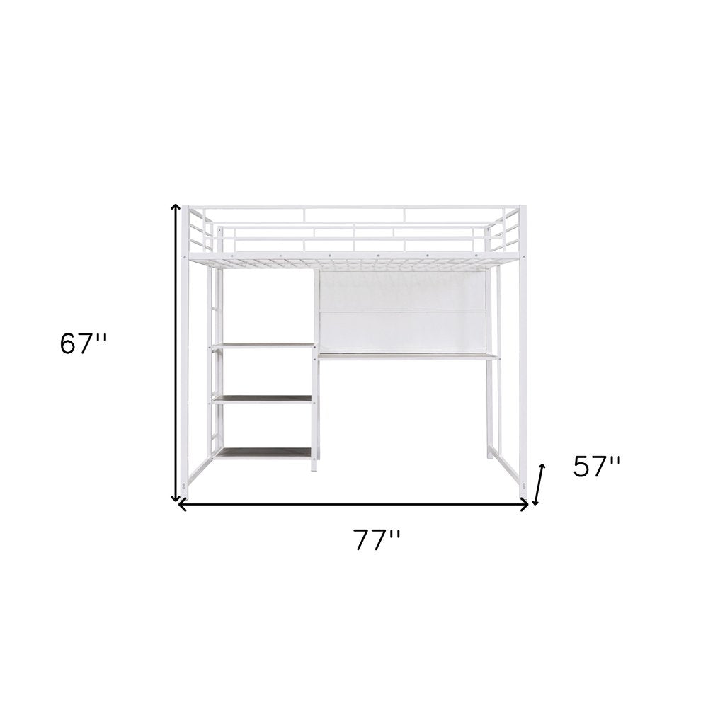White Slat Steel Full Double Loft Bed With Desk And Shelves