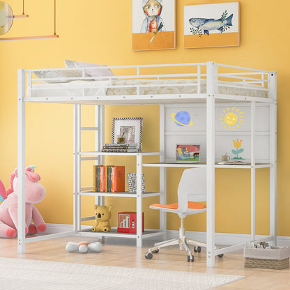 White Slat Steel Full Double Loft Bed With Desk And Shelves