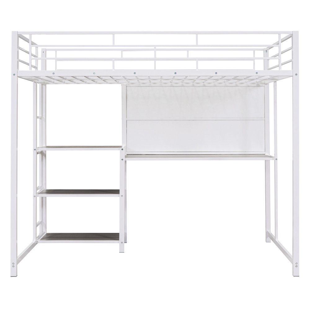 White Slat Steel Full Double Loft Bed With Desk And Shelves