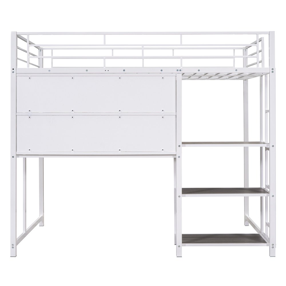 White Slat Steel Full Double Loft Bed With Desk And Shelves