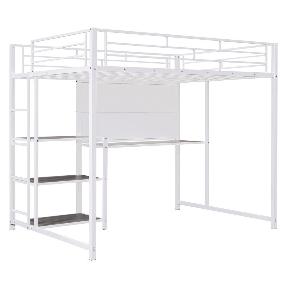 White Slat Steel Full Double Loft Bed With Desk And Shelves