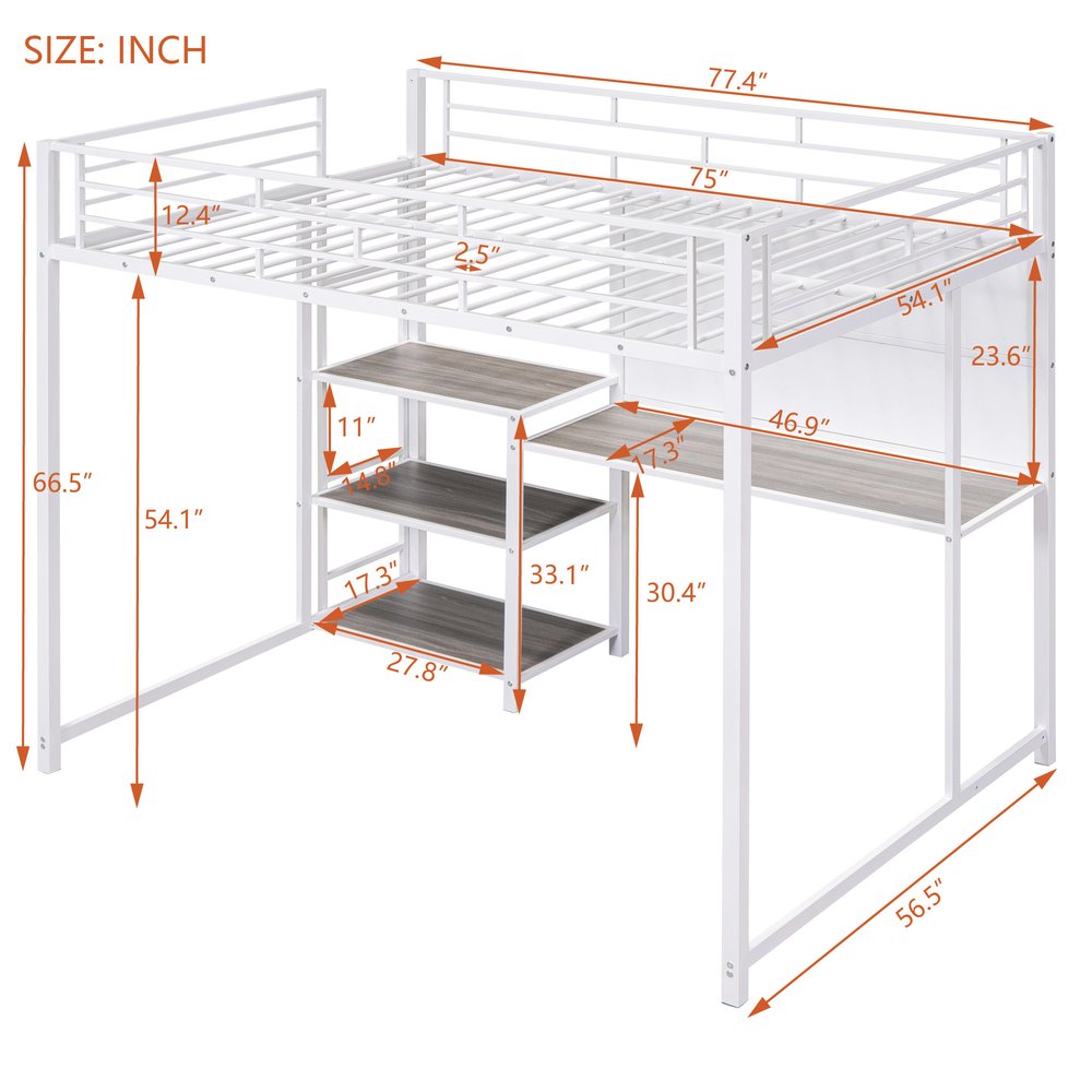 White Slat Steel Full Double Loft Bed With Desk And Shelves
