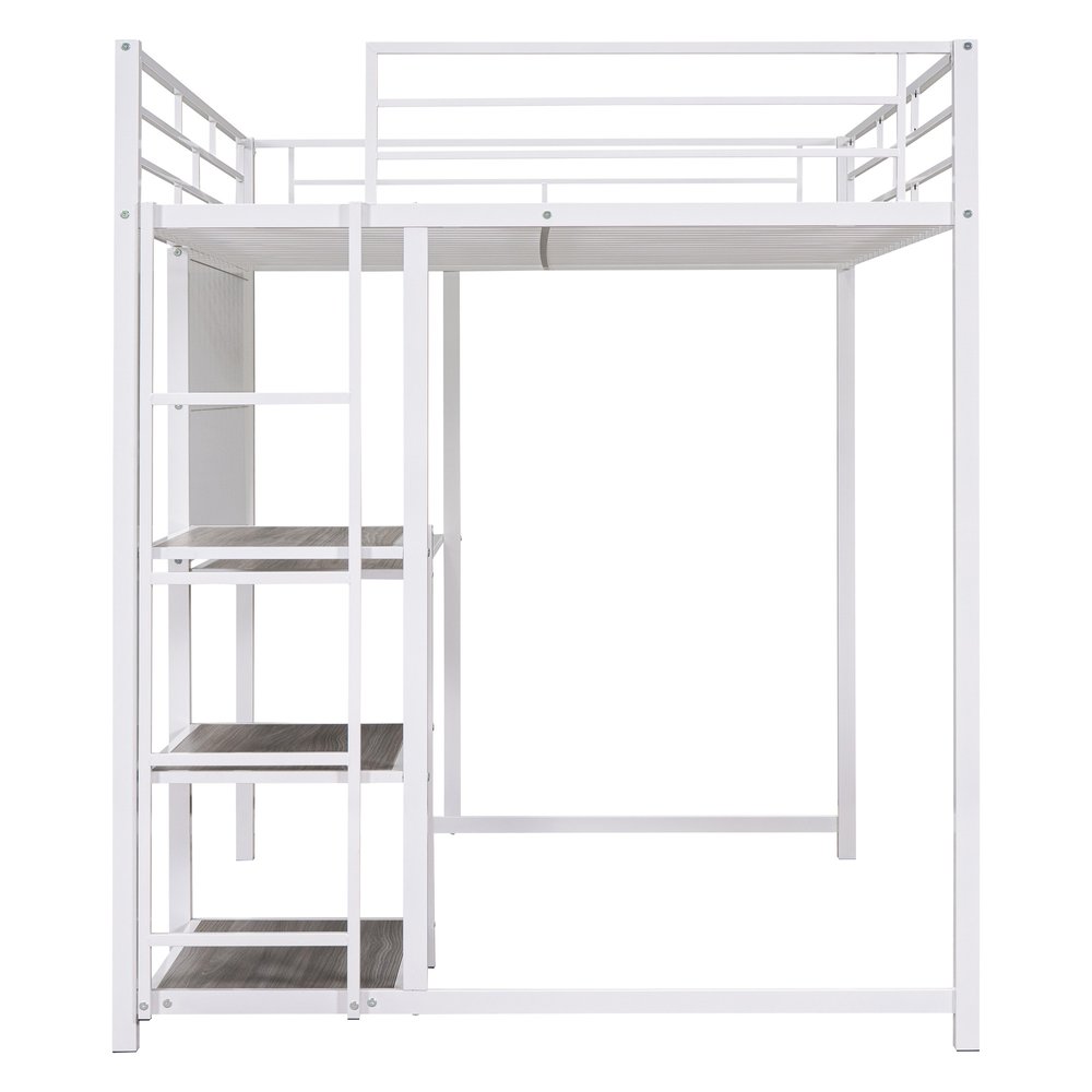 White Slat Steel Full Double Loft Bed With Desk And Shelves